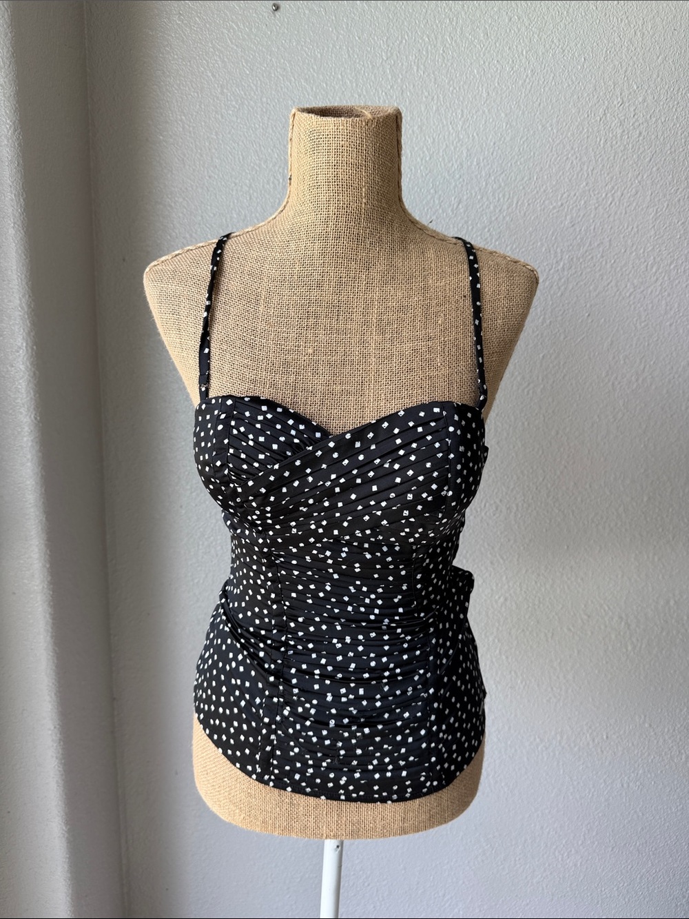 Guess Black White Polka Dot Ruched Sweetheart Camisole